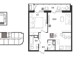 Продается 1-комнатная квартира ЖК Рекорд 2, литера 1, 50.7  м&sup2;, 12304890 рублей