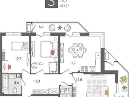 Продается 3-комнатная квартира ЖК Рекорд 2, литера 2, 88.1  м², 16113490 рублей