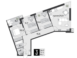 Продается 3-комнатная квартира ЖК Парк Победы 2, литера 21, 83.7  м², 11642670 рублей