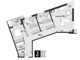 Продается 3-комнатная квартира ЖК Парк Победы 2, литера 21, 83.4  м², 11717700 рублей