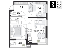 Продается 2-комнатная квартира ЖК Парк Победы 2, литера 28, 63.1  м², 9900390 рублей
