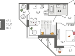 Продается 1-комнатная квартира ЖК Рекорд 2, литера 5, 47.4  м&sup2;, 10878300 рублей