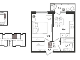 Продается 1-комнатная квартира ЖК Рекорд 2, литера 1, 36.8  м&sup2;, 10583680 рублей