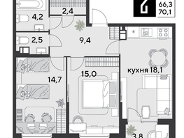 Продается 2-комнатная квартира ЖК Парк Победы 2, литера 30, 70.1  м&sup2;, 11040750 рублей
