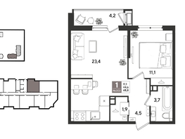 Продается 1-комнатная квартира ЖК Рекорд 2, литера 6, 48.8  м&sup2;, 10843360 рублей