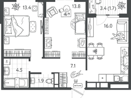 Продается 2-комнатная квартира ЖК Все Свои ВИП, литер 7, 58.2  м&sup2;, 15714000 рублей