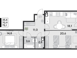 Продается 2-комнатная квартира ЖК Парк Победы 2, литера 21, 75.1  м&sup2;, 11858290 рублей