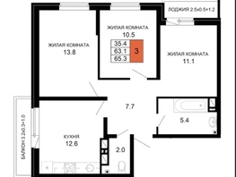Продается 3-комнатная квартира ЖК «Дыхание», 65.3  м&sup2;, 6100000 рублей