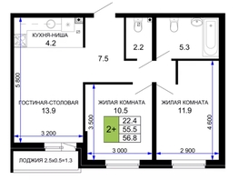 Продается 2-комнатная квартира ЖК «Дыхание», 56.8  м&sup2;, 5234000 рублей