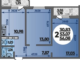 Продается 2-комнатная квартира ЖК Молодежный 2, литера 6, 56.08  м&sup2;, 7548368 рублей