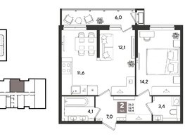 Продается 2-комнатная квартира ЖК Рекорд 2, литера 1, 58.4  м&sup2;, 12556000 рублей