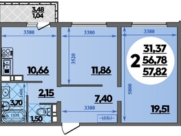Продается 2-комнатная квартира ЖК Восточный, литер 52, 57.82  м&sup2;, 7591999 рублей