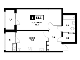 Продается 1-комнатная квартира ЖК Кварталы 17/77, литер 10.1, 51.3  м², 4955580 рублей