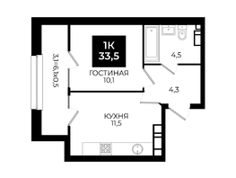 Продается 1-комнатная квартира ЖК Первый, 101.1, 33.5  м², 3283000 рублей