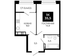 Продается 1-комнатная квартира ЖК Первый, 101.1, 35.5  м², 3408000 рублей