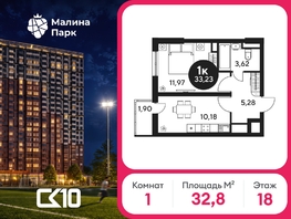Продается 1-комнатная квартира ЖК Малина Парк, дом 2, 34.5  м&sup2;, 3718988 рублей