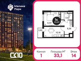 Продается 1-комнатная квартира ЖК Малина Парк, дом 2, 33.11  м&sup2;, 4310000 рублей