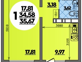 Продается 1-комнатная квартира ЖК Платовский, литер 14, 35.67  м&sup2;, 4423080 рублей