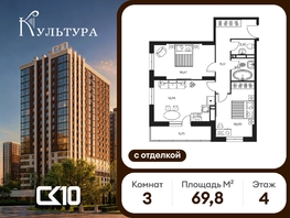 Продается 3-комнатная квартира ЖК Культура, дом 1, 69.76  м&sup2;, 15440000 рублей