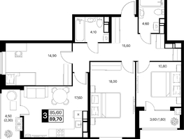Продается 3-комнатная квартира ЖК Эстет, литер 48.1, 89.7  м&sup2;, 13280982 рублей