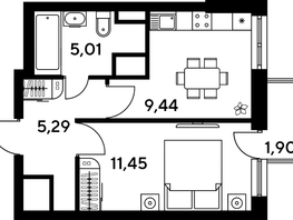 Продается 1-комнатная квартира ЖК Малина Парк, дом 4, 34.16  м², 5900000 рублей