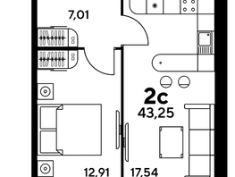 Продается 2-комнатная квартира ЖК Малина Парк, дом 1, 43.25  м², 6750000 рублей