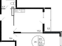 Продается 2-комнатная квартира ЖК Флора, литера 1.2, 52.15 м², 7405300 рублей