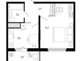Продается 1-комнатная квартира ЖК 5 элемент Аске, лит 5-12 стр.2, сек.3,4,5,6, 35.2  м², 5474128 рублей