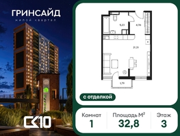 Продается Студия ЖК Гринсайд, 5.1-5.5, 32.84  м&sup2;, 8060000 рублей