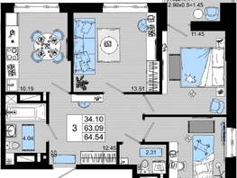 Продается 3-комнатная квартира ЖК Октябрь Парк, 2.2, 64.54  м², 7938420 рублей